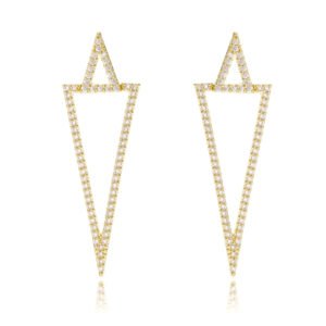 Brinco grande dois triangulos vazado todo cravejado com pedras de zirconias - banho ouro 18k