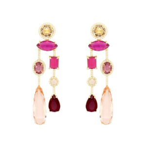 Brinco longo com pedras luxuosas e zirconias cravejadas - banho ouro 18k